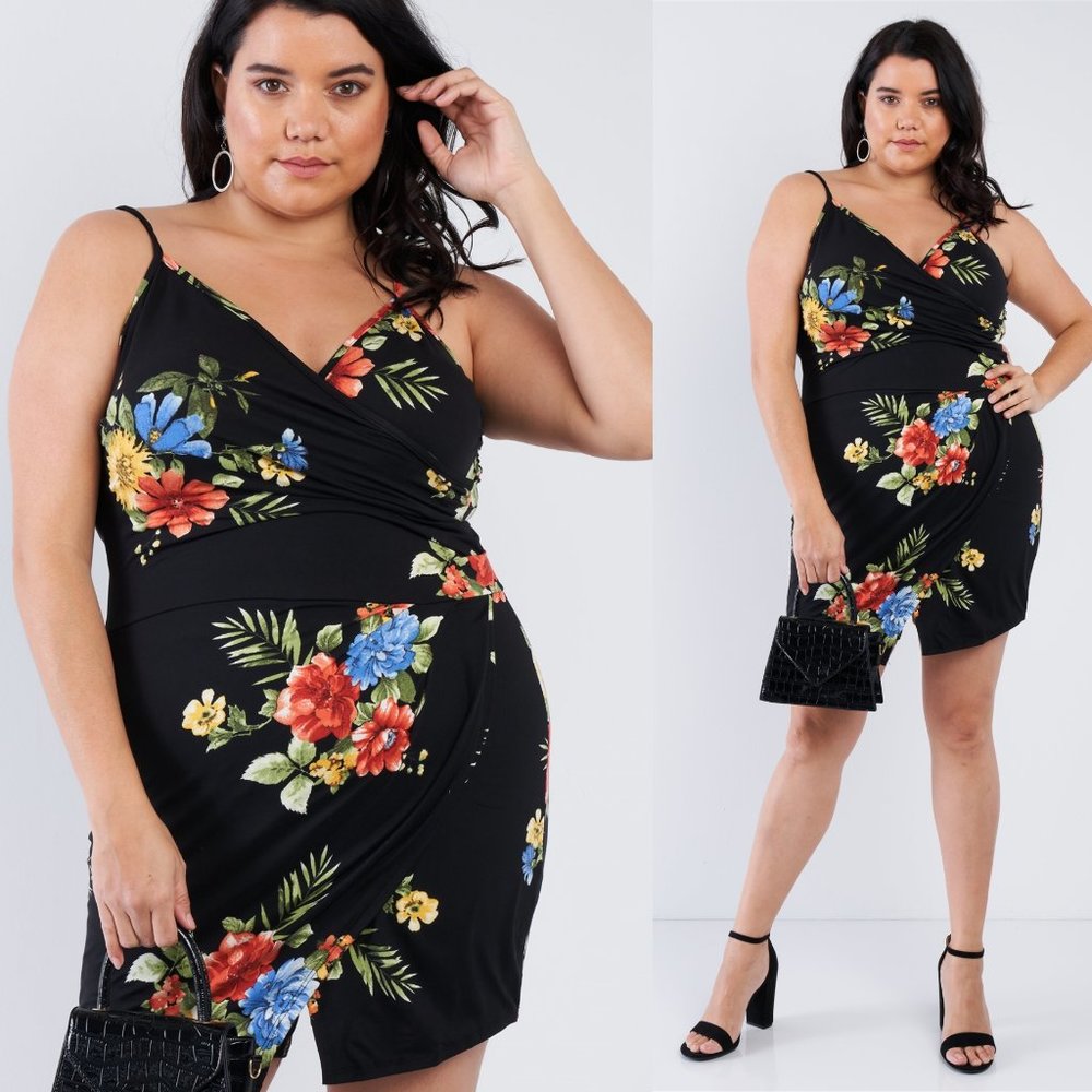 Plus Size Black Floral Wrap Skort Romper